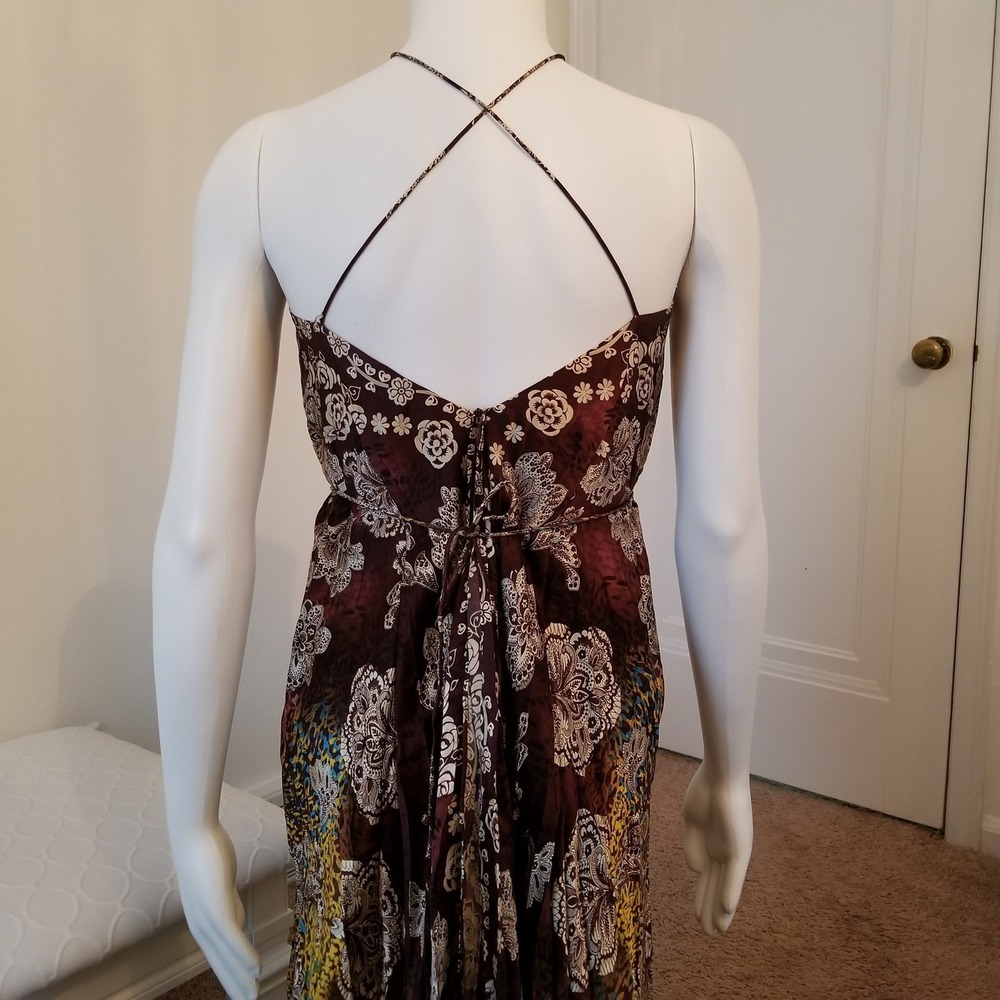 Vintage Y2K Maxi Dress 8 100% Silk Floral High Low Halter Brown Multi Boho Fairy - Picture 4 of 13